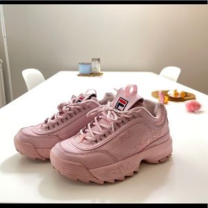 Fila pink disruptor sneakers with roses